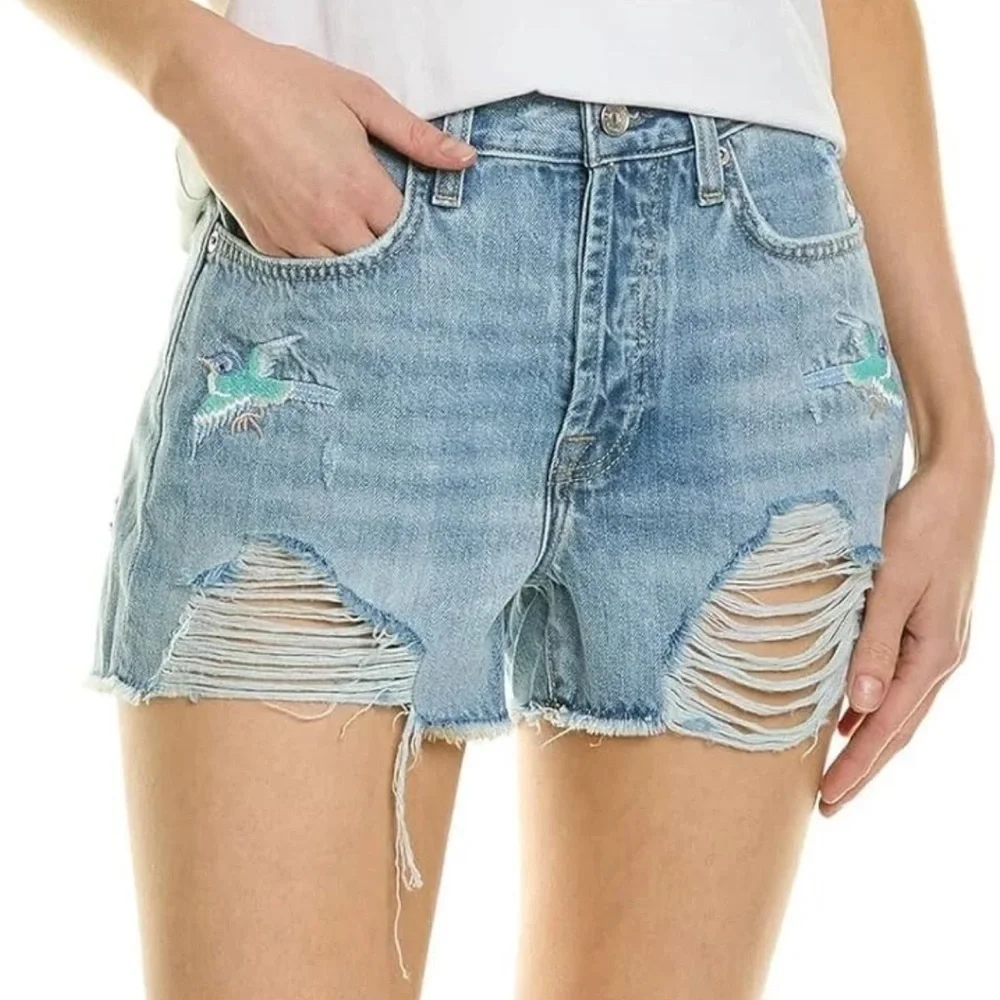 7 For All Mankind Monroe High Rise Cutoff Jean Shorts 27 Embroidered Distressed